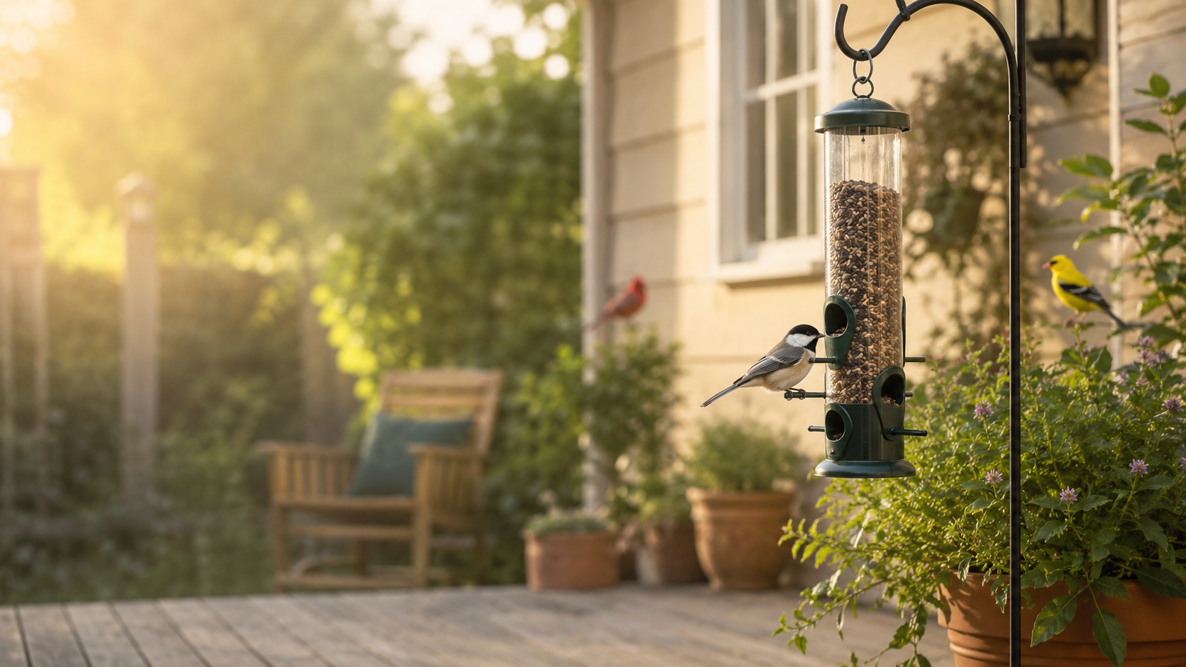 A chickadee feeding at a tube feeder on a sunny backyard patio